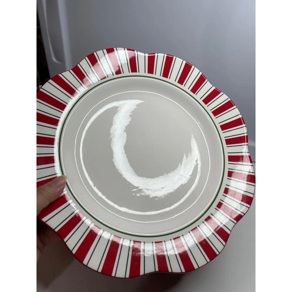 3 Pier 1 One Candy Cane 11” Dinner Plates Scalloped Edge Hand Painted Ironstone